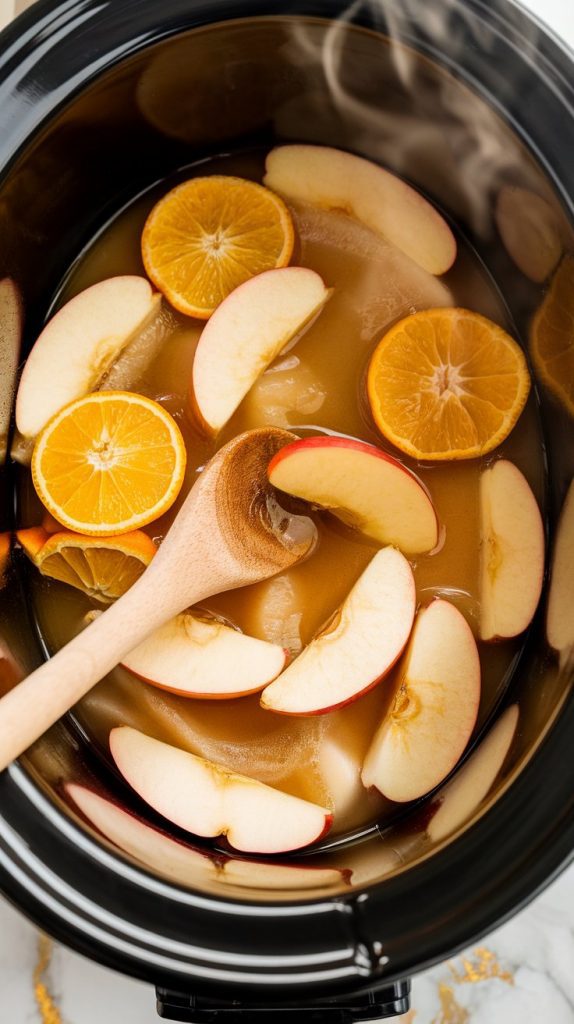 a wooden spoon mashing soft apples and oranges inside the crockpot, pulp beginning to mix with liquid and spices floating around