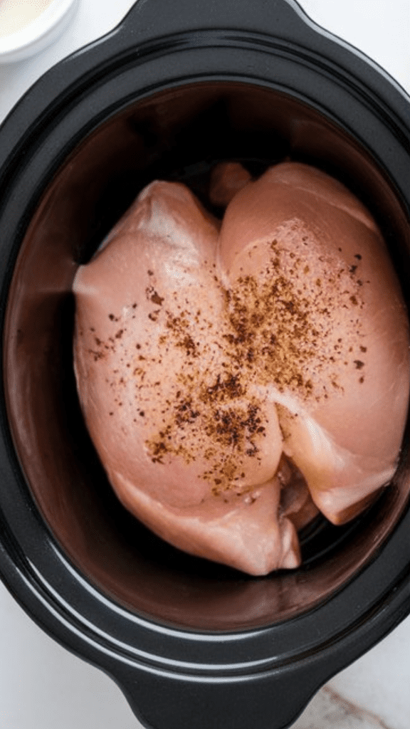 raw chicken breasts in a crockpot, sprinkled with Italian seasoning, salt, pepper, and minced garlic on top
