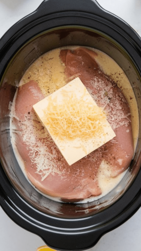 whole cream cheese block sitting on seasoned chicken in crockpot, with heavy cream and chicken broth pooled around, parmesan sprinkled on top