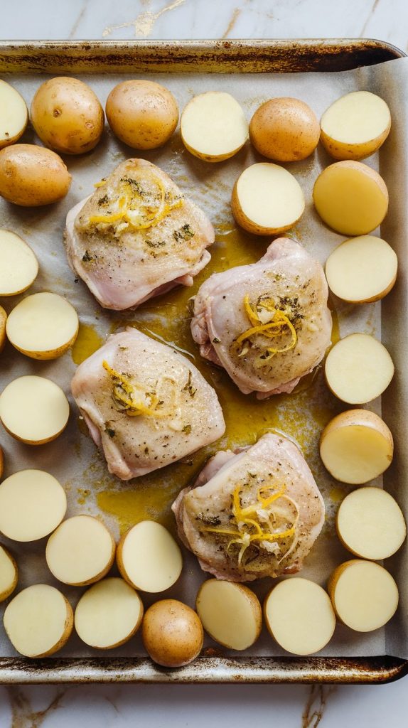 halved baby potatoes tossed in olive oil and seasoning, surrounding lemon garlic-marinated chicken thighs on a parchment-lined sheet pan