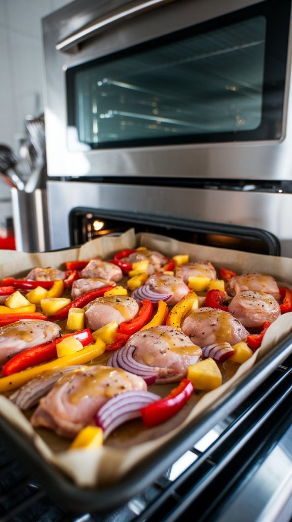 sheet pan inside a modern stainless steel double oven with chicken, pineapple, and vegetables roasting