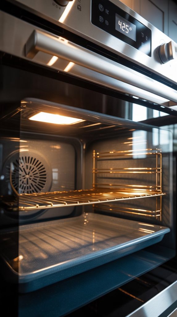 a modern stainless steel double oven set to 425°F, oven light glowing