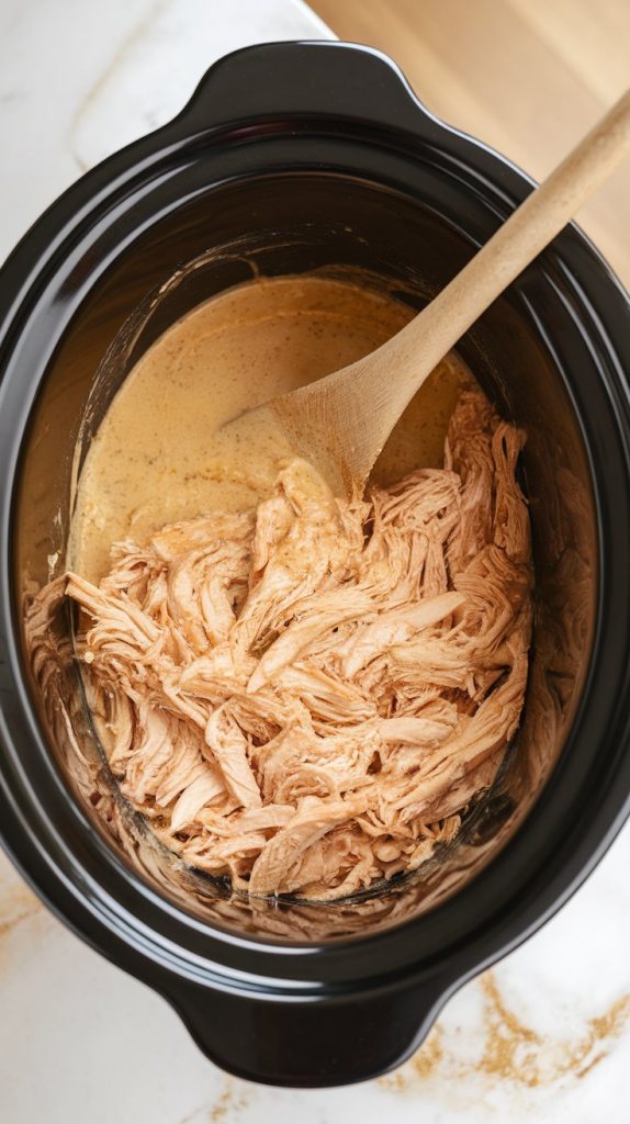 tender shredded chicken mixed into creamy garlic parmesan sauce inside crockpot, steam rising, sauce thick and smooth