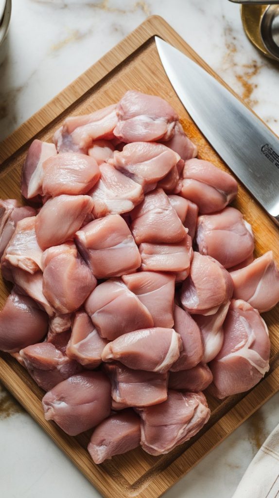 raw chicken thighs being cut into bite-sized pieces on a wooden cutting board, juicy texture clearly visible