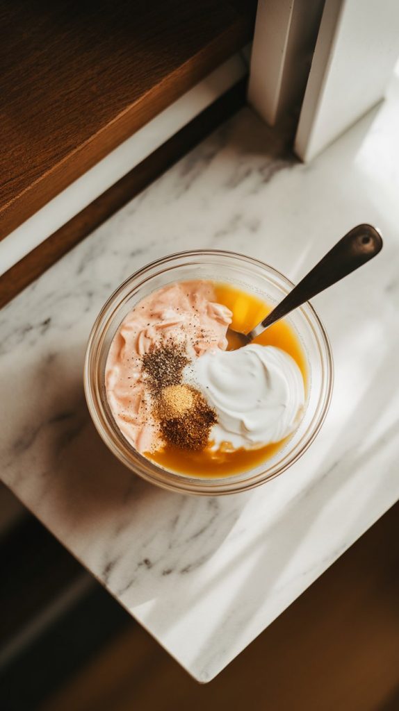a small mixing bowl with cream of chicken soup, white sour cream, golden chicken broth, and seasonings swirled together with a spoon