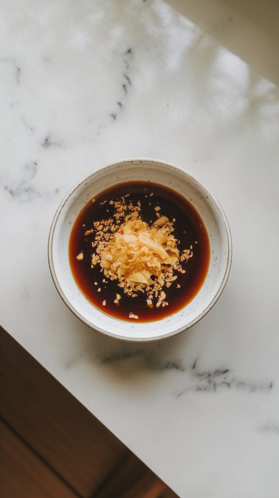 a small white bowl with a golden-brown glaze made of soy sauce, honey, rice vinegar, sesame oil, minced garlic, and grated ginger being whisked together