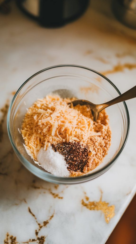 a mixing bowl with grated Parmesan, panko breadcrumbs, garlic powder, Italian seasoning, salt, and pepper being mixed with a spoon