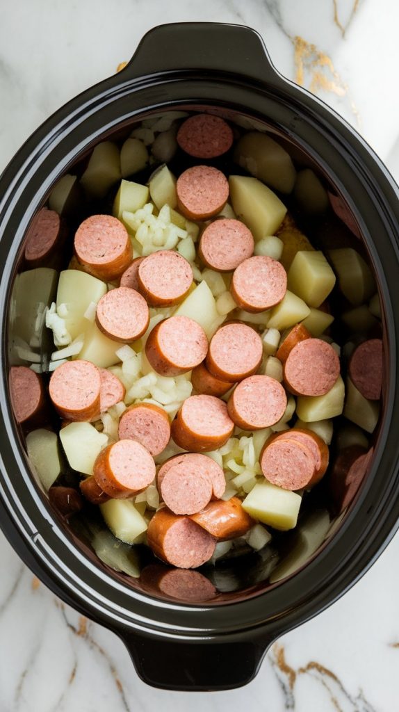 evenly layered sliced smoked sausage and finely chopped onions on top of diced potatoes in a crockpot