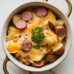 a serving of Crockpot Swamp Potatoes in a shallow ceramic bowl, showing gooey melted cheddar over tender chunks of peeled potatoes, round slices of smoked sausage, and tiny bits of onion, all smothered in a creamy, rich sauce