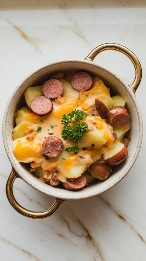 a serving of Crockpot Swamp Potatoes in a shallow ceramic bowl, showing gooey melted cheddar over tender chunks of peeled potatoes, round slices of smoked sausage, and tiny bits of onion, all smothered in a creamy, rich sauce