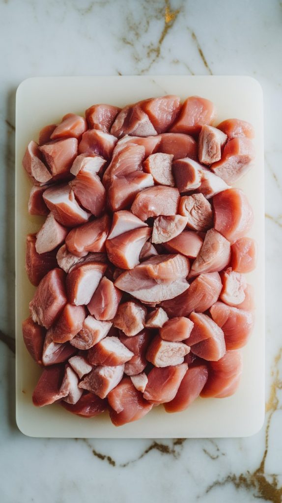 raw chicken breast being cut into bite-sized chunks on a cutting board, clean cuts, pink chicken pieces grouped neatly