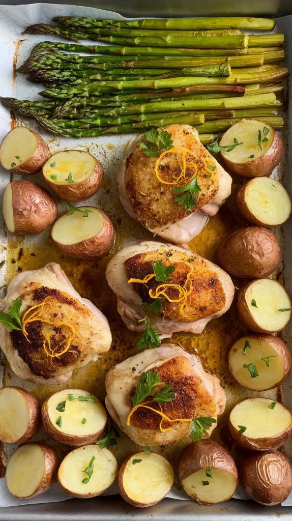 fully cooked lemon garlic chicken sheet pan fresh out of the oven, featuring exactly 4 golden, crispy-skinned bone-in chicken thighs nestled among roasted halved baby potatoes arranged cut-side up and tightly packed