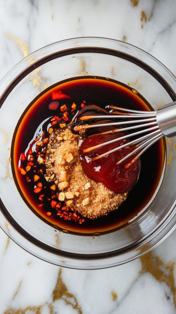 sauce ingredients being whisked together in a glass bowl—dark soy, hoisin, brown sugar starting to dissolve, bright ketchup and red pepper flakes floating on top