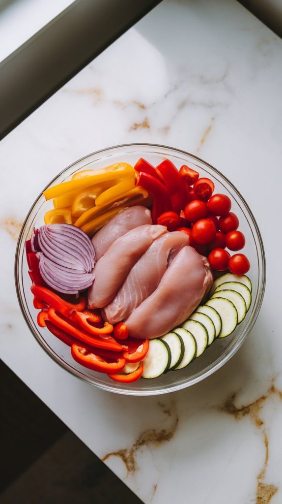a large glass bowl filled with raw chicken breast strips, sliced red and yellow bell peppers, zucchini half-moons, sliced red onion, and whole cherry tomatoes