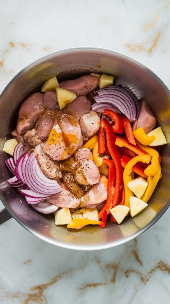 a large mixing bowl filled with raw chicken chunks, sliced red and yellow bell peppers, red onion wedges, and pineapple chunks tossed with olive oil, salt, pepper, and half the brown glaze