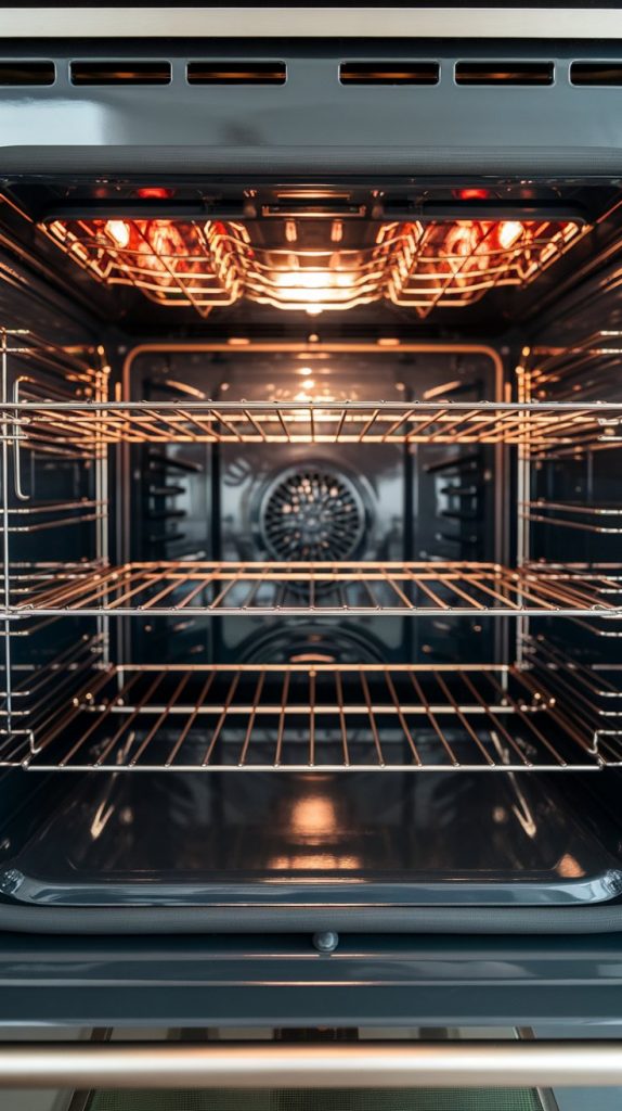 an oven dial being turned to 425°F, with digital display glowing, fingers adjusting the knob