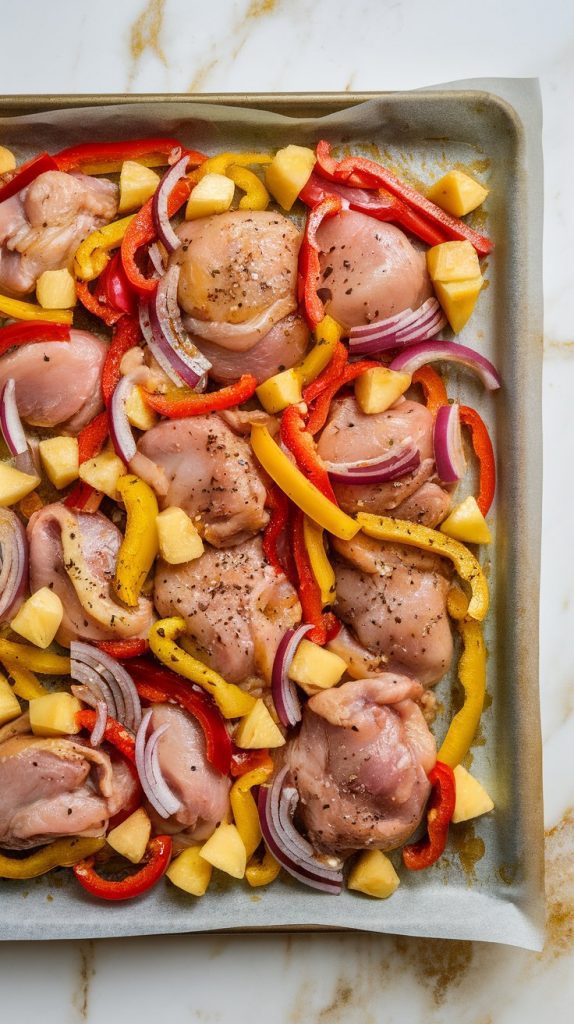 a parchment-lined sheet pan with raw chicken chunks, pineapple, bell peppers, and red onions spread out evenly with some space between pieces