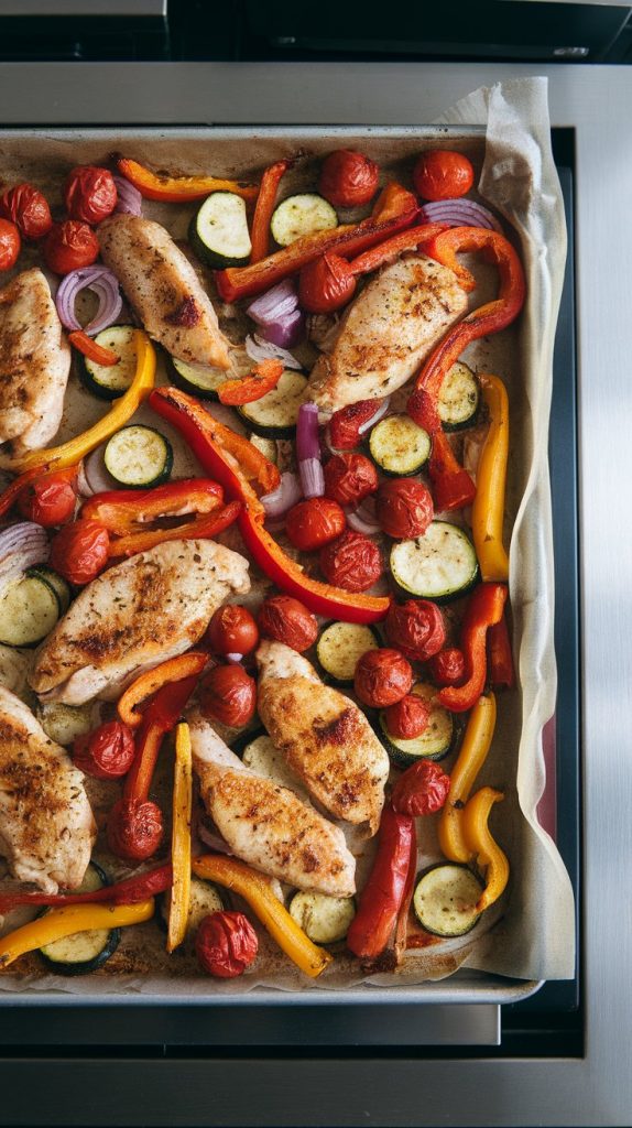 a parchment-lined sheet pan just pulled from the oven, showing a slightly crowded, naturally scattered mixture of roasted chicken breast strips with golden edges, roasted red and yellow bell peppers, zucchini half-moons, red onion slices