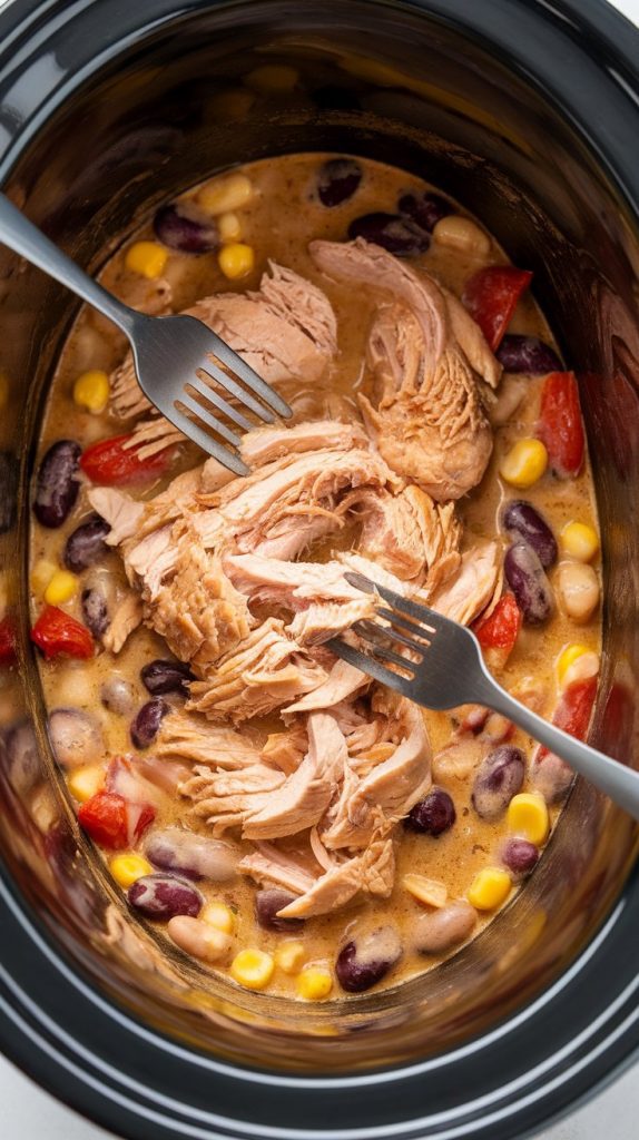 tender cooked chicken being shredded with two forks inside the creamy sauce in the slow cooker, surrounded by softened beans, corn, and tomatoes, with melted cream cheese fully combined into the sauce