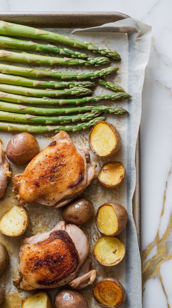 fresh asparagus being added to the roasted chicken and potatoes, arranged around the chicken thighs, with a drizzle of olive oil