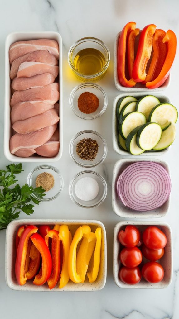 all ingredients for sheet pan chicken and rainbow veggies