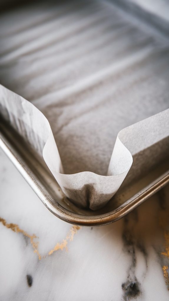 a parchment-lined sheet pan sitting on a clean counter with soft shadows