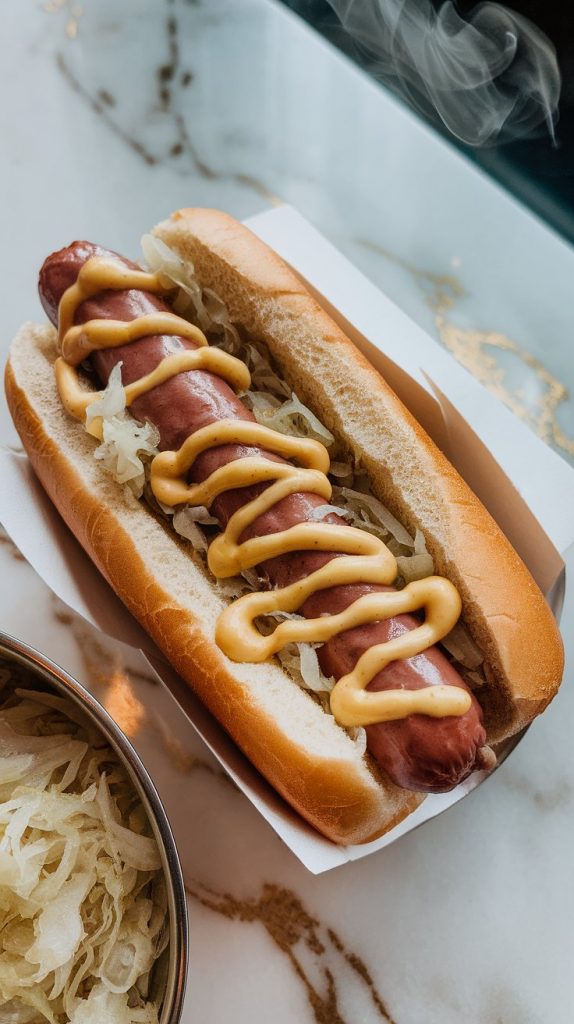 a hot dog in a bun, piled with tender sauerkraut and onions, mustard drizzled on top, and steam rising
