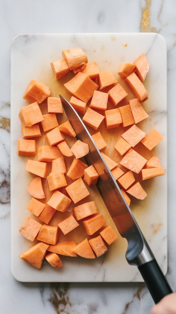peeled sweet potatoes being diced into 1-inch cubes on a cutting board with a sharp knife, orange chunks evenly spread