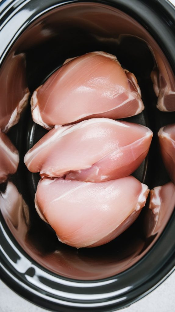 aw boneless skinless chicken breasts placed in the bottom of a slow cooker