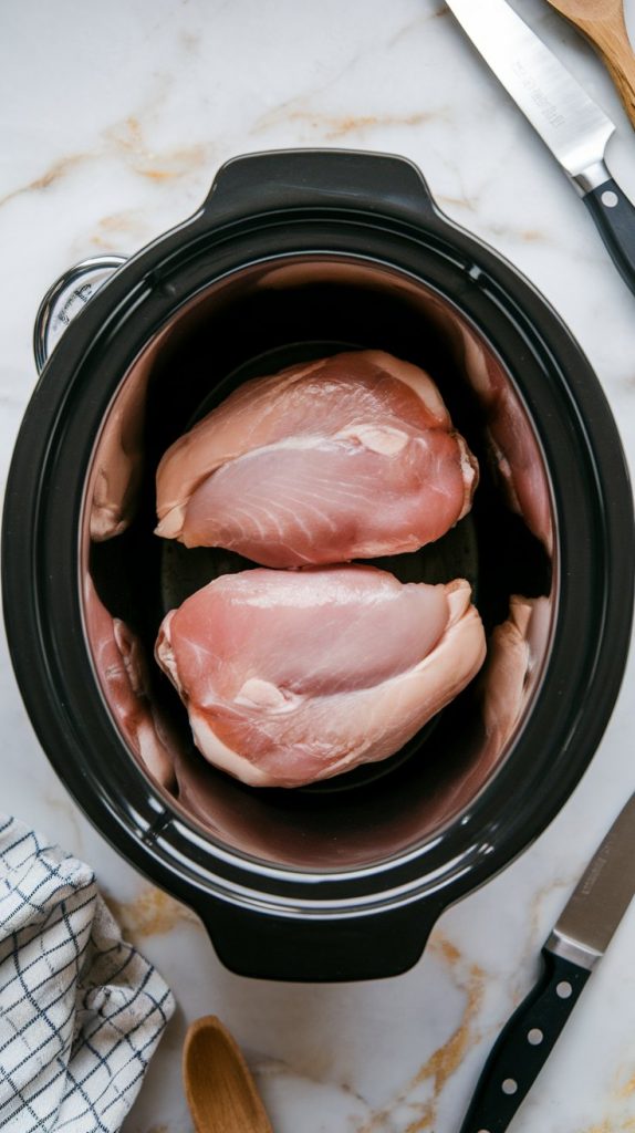 two raw chicken breasts placed side by side in the bottom of the Crockpot insert
