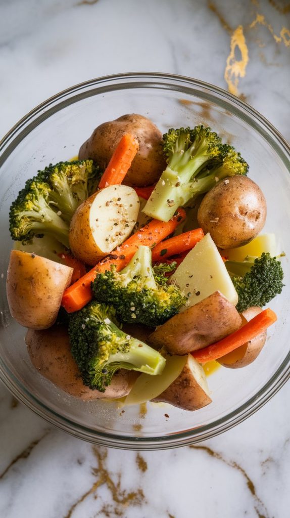 potatoes, broccoli, and carrot sticks tossed in olive oil, salt, and pepper inside a glass bowl