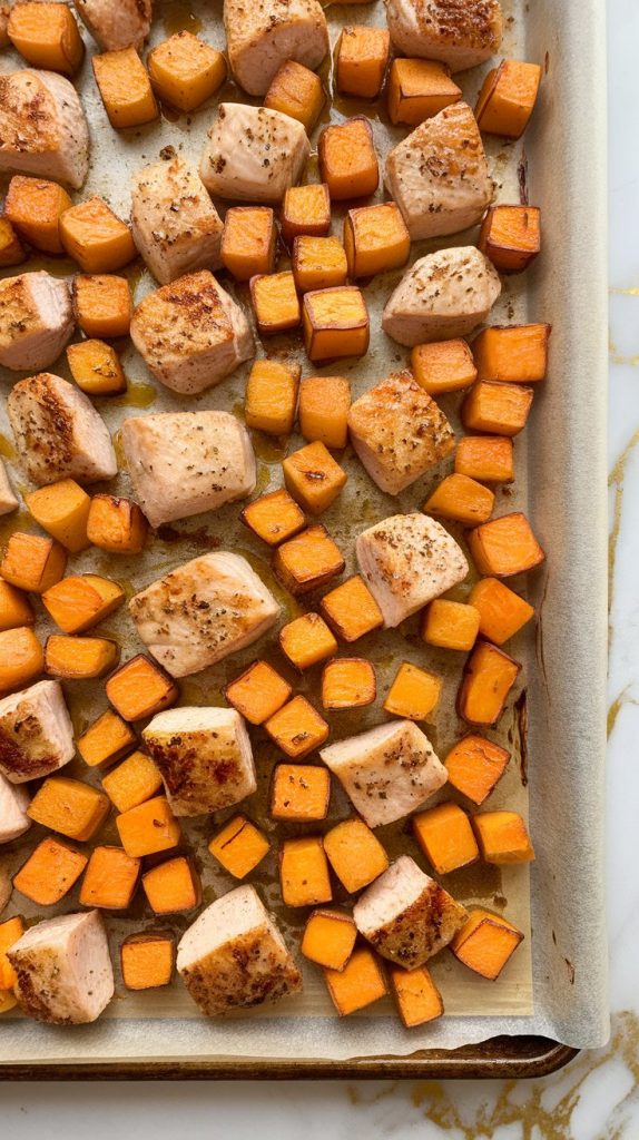 roasted chicken and sweet potatoes just out of the oven, fresh parsley sprinkled on top, steam rising, golden caramelized edges visible