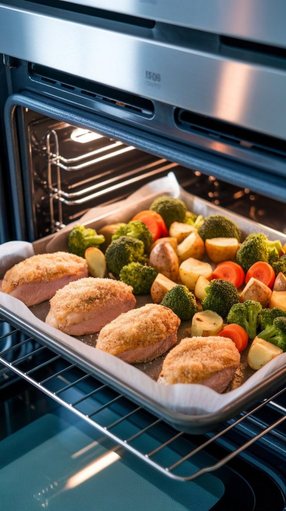 chicken and veggies baking in the oven, golden crust forming on the chicken, edges of veggies caramelized