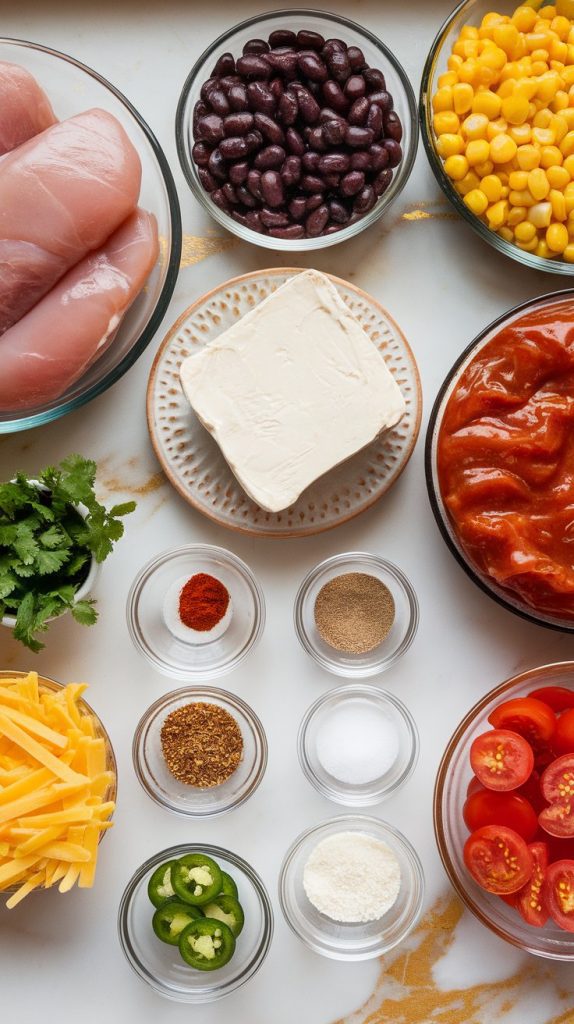 flat lay of all ingredients for creamy fiesta chicken