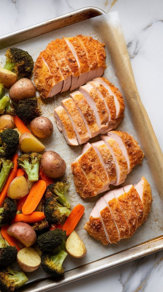 a parchment-lined sheet pan just out of the oven, with four golden, crispy Parmesan-crusted chicken breast halves arranged tightly in a neat row on one side