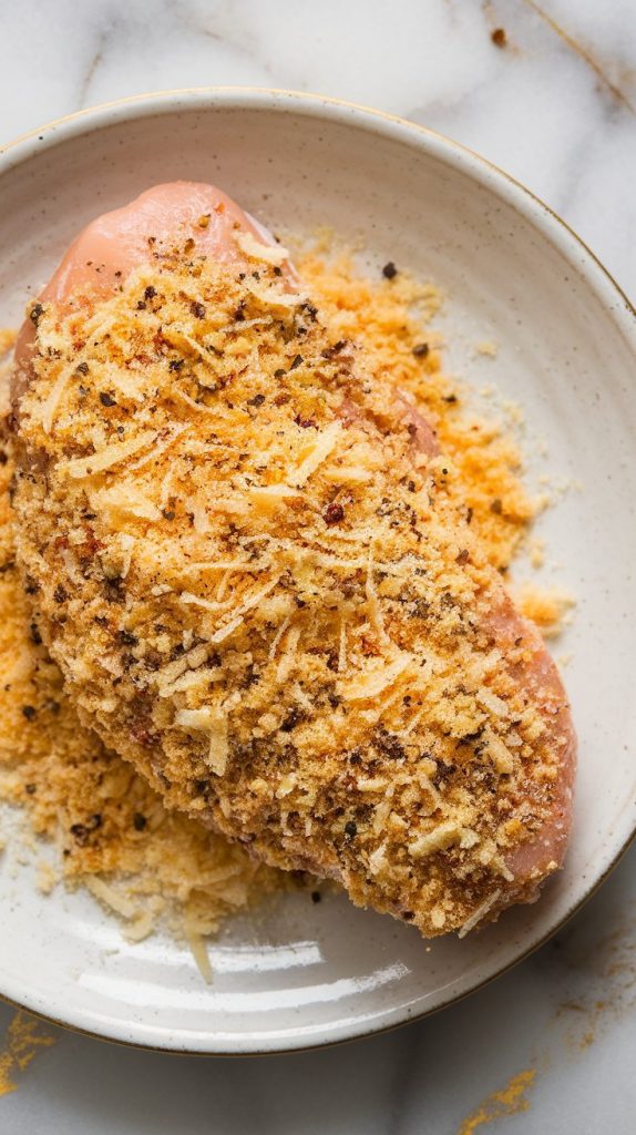 a chicken breast half being brushed with Dijon mustard, then pressed into a cheesy breadcrumb mixture