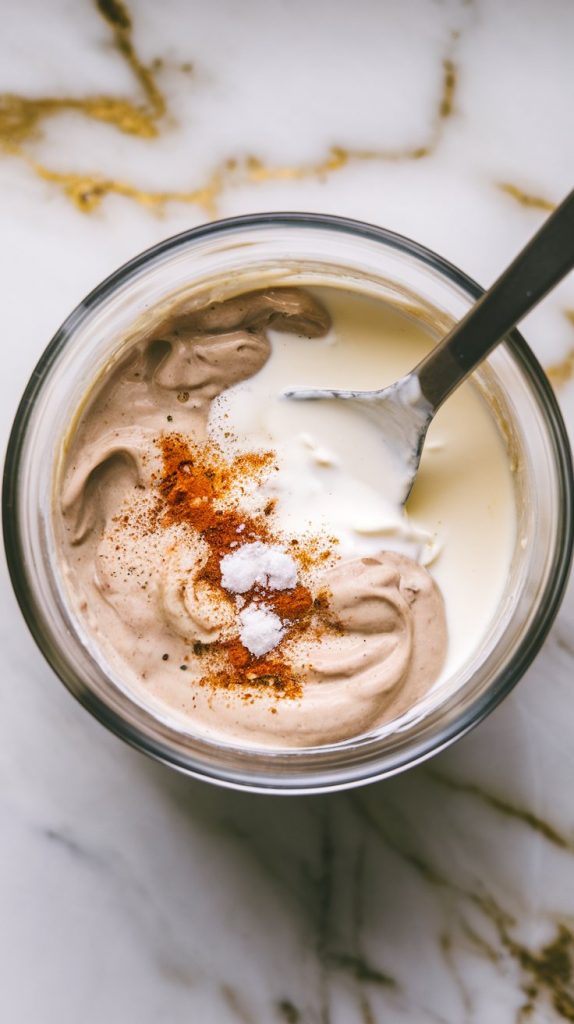 a small mixing bowl with cream of mushroom soup, sour cream, milk, and spices being stirred together into a smooth