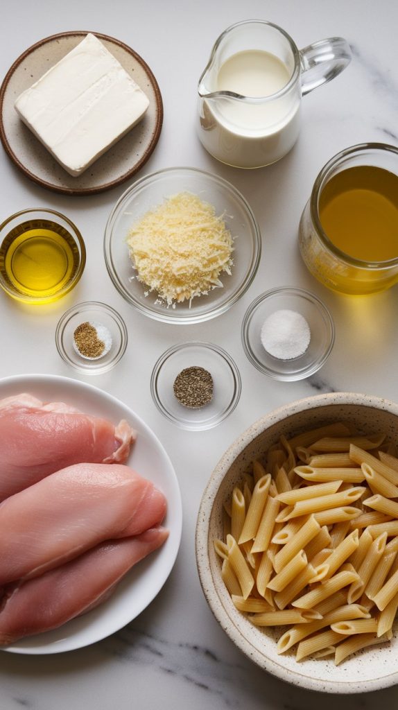 raw boneless skinless chicken breasts, block of cream cheese, grated parmesan, heavy cream in a measuring cup, chicken broth in a glass jar, uncooked penne pasta, minced garlic in a small bowl, Italian seasoning, salt and pepper in pinch bowls, and olive oil in a tiny glass ramekin