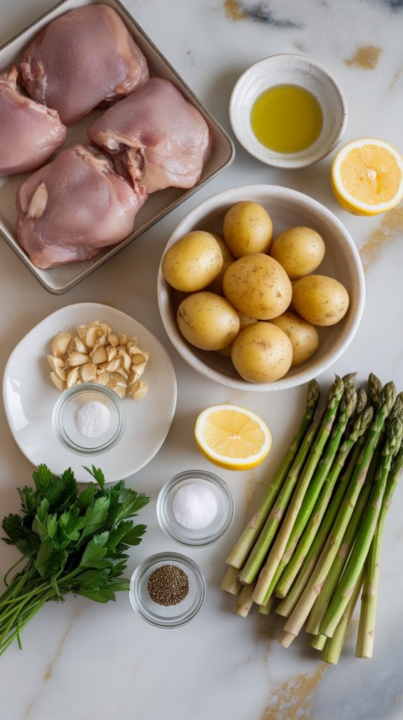 all ingredients laid out on white marble counters: 4 raw bone-in, skin-on chicken thighs, halved baby potatoes, trimmed asparagus stalks, minced garlic in a small dish, lemon halves with zest, small bowl of olive oil, small bowl with dried oregano, salt, and pepper, fresh parsley bunch