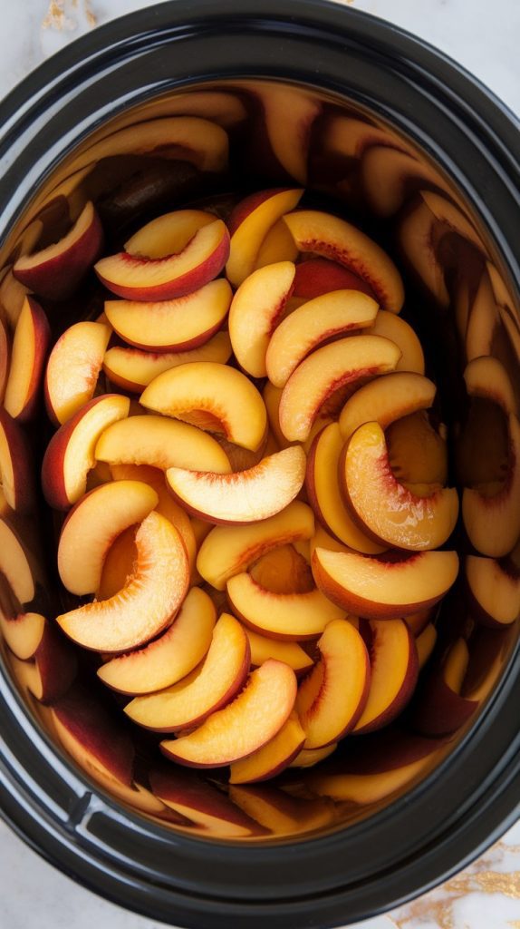 drained sliced peaches layered evenly in the bottom of a black crockpot insert, looking glossy and fresh