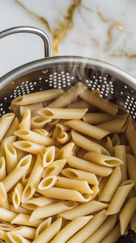 just-drained penne pasta in a colander, steam rising, with a light olive oil sheen