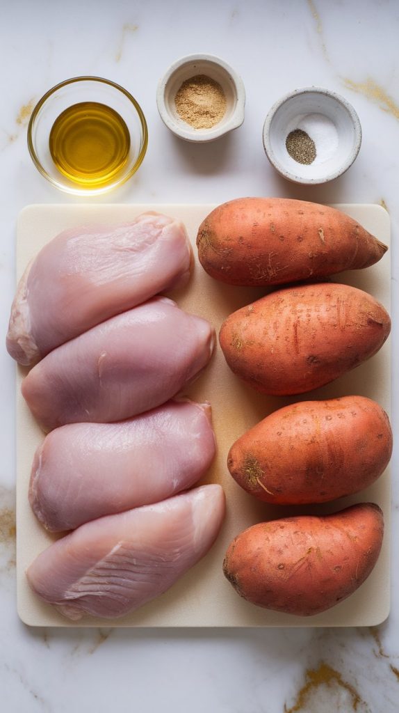 raw whole chicken breasts and whole peeled sweet potatoes placed side by side on a clean cutting board