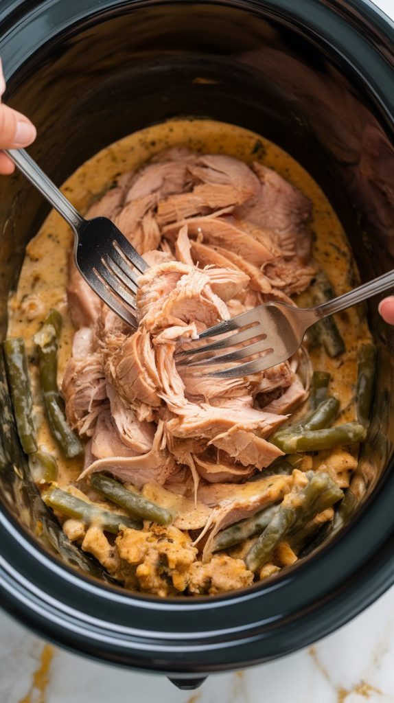 two forks shredding tender chicken inside Crockpot with creamy stuffing and green beans mixed together