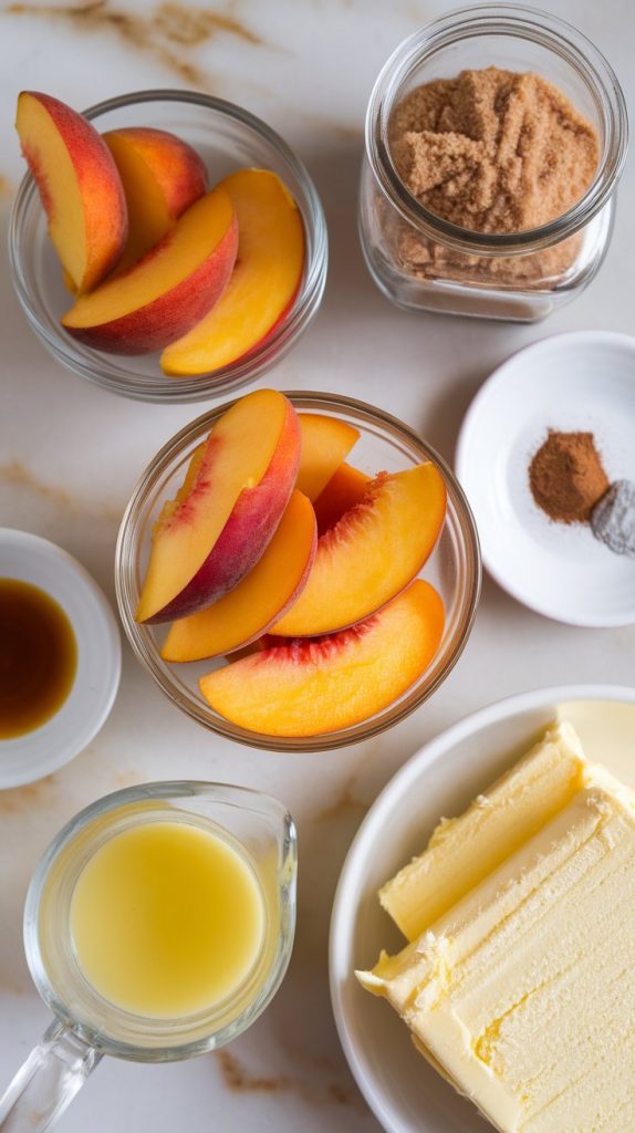 two opened and drained cans of sliced peaches, brown sugar in a measuring cup, cinnamon and nutmeg in small white bowls, a yellow cake mix box, melted butter in a clear glass measuring cup, and a small bottle of vanilla extract