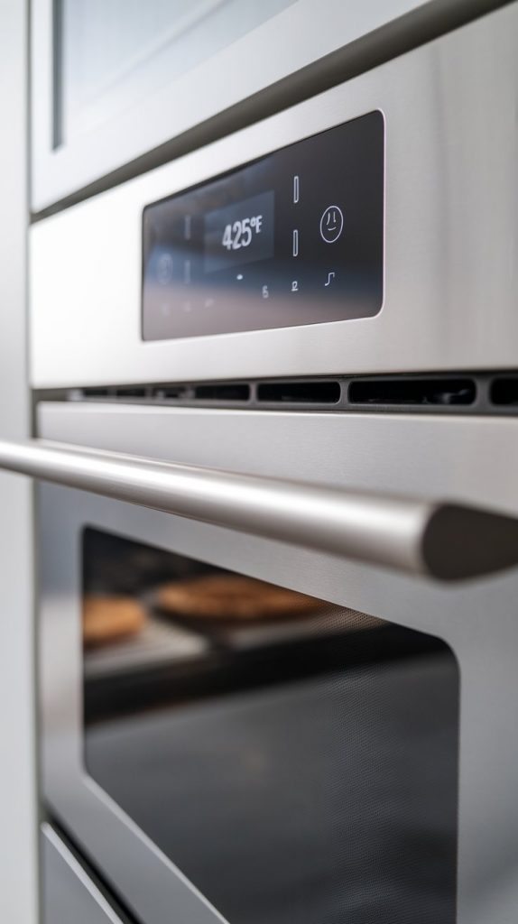 a digital oven screen set to 425°F with a preheating icon, modern stainless steel double oven in the background