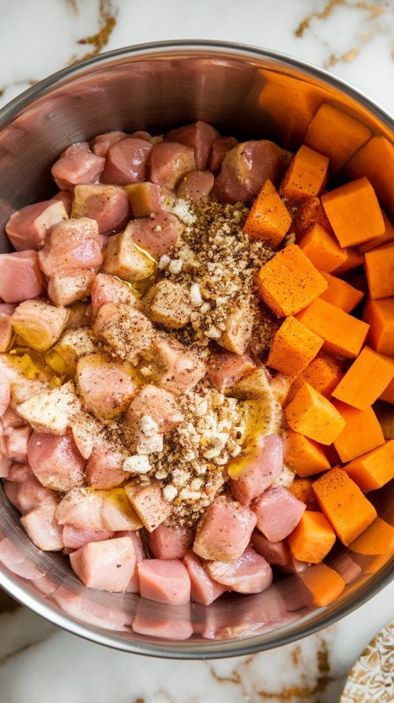 a mixing bowl filled with cubed chicken and sweet potatoes coated in olive oil, ranch seasoning, garlic powder, and pepper