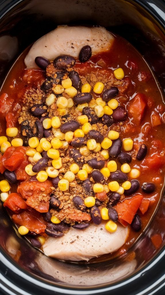 drained black beans, yellow corn, and Rotel tomatoes with green chilies layered over raw boneless skinless chicken breasts, with dry seasonings (ranch mix, chili powder, garlic powder, onion powder, cumin, salt, and pepper) sprinkled generously on top
