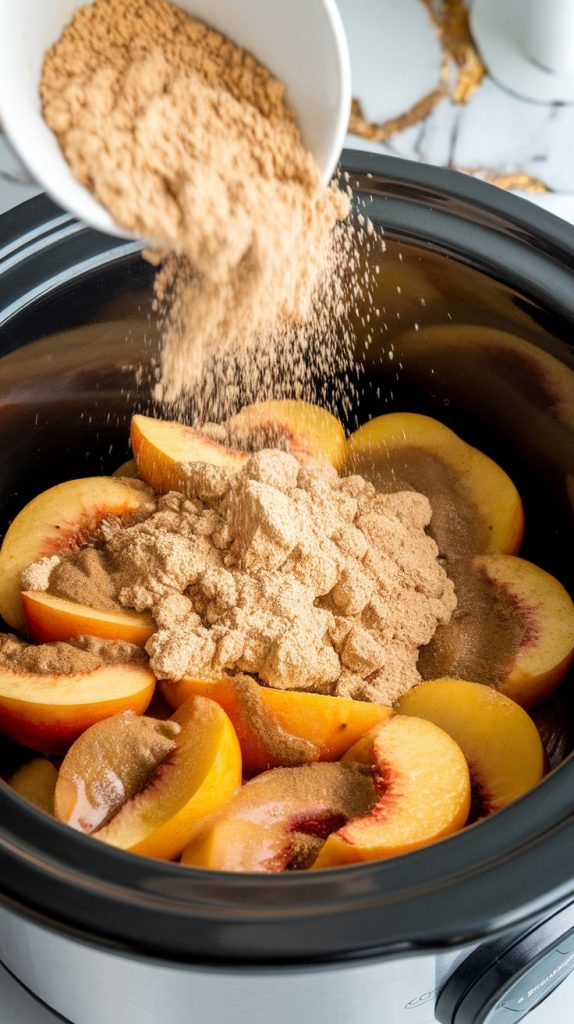 dry yellow cake mix sprinkled evenly over the fruit mixture in the crockpot. A few pieces of peach peek through the mix