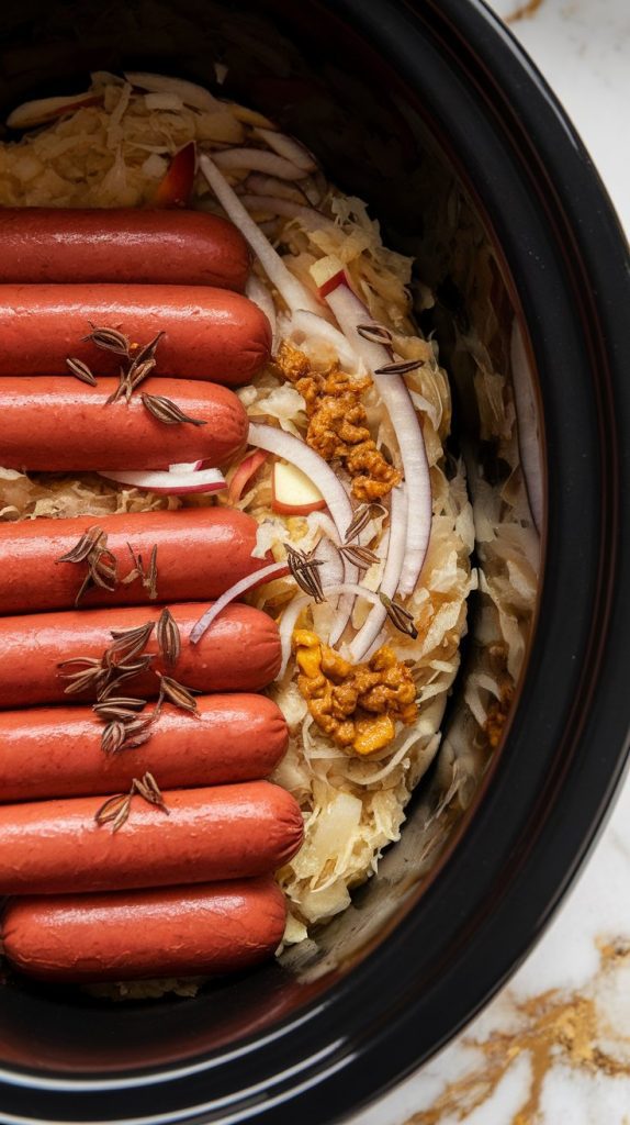 drained sauerkraut, thinly sliced onions, grated apple, brown sugar, caraway seeds, Dijon mustard, and whole beef hot dogs all layered together inside a slow cooker