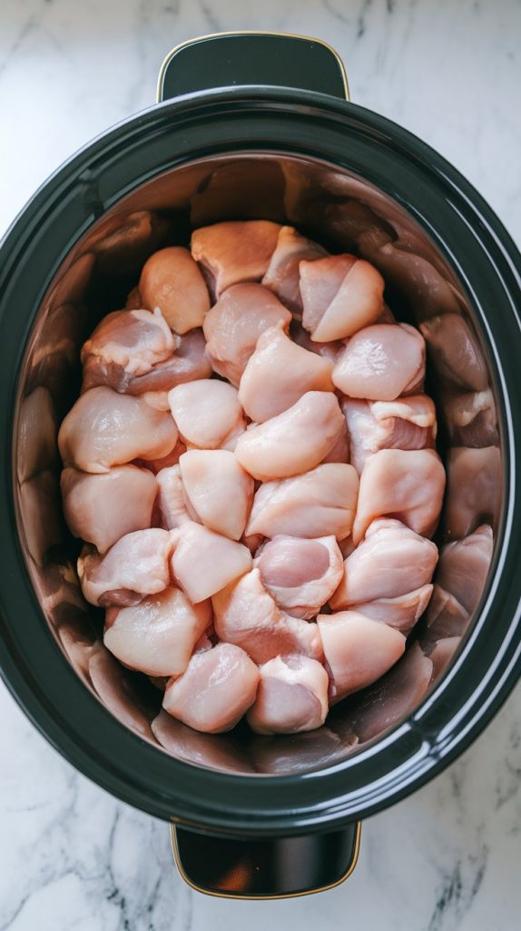 raw chicken pieces being added to a black crockpot insert, spread evenly in one layer